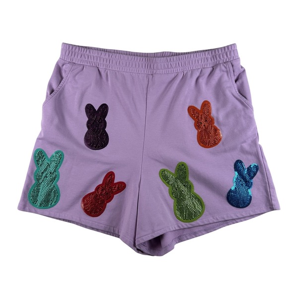 QUEEN OF SPARKLES Pants - Queen Of Sparkles Shorts Womens XXL Purple Bunny Sequin Sweat Easter Lounge